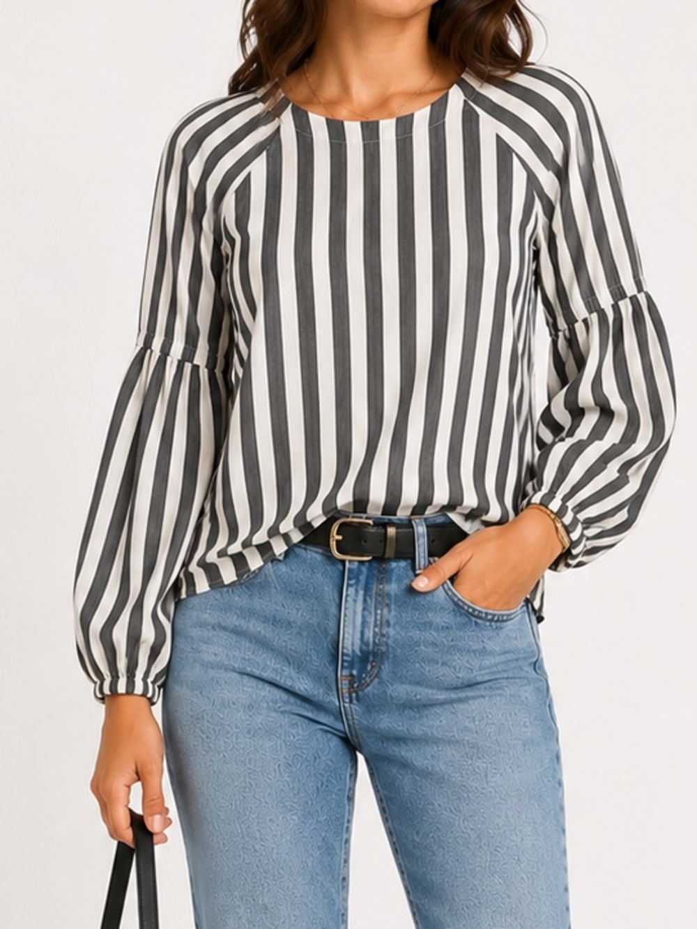 BANANA REPUBLIC Puff Sleeve Striped Blouse | Gray & White | Size Small